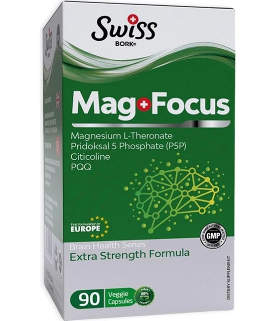 Swiss Bork Mag + Focus Extra Strength, магний L-треонат для мозга и концентрации, 90 вегетарианских капсул