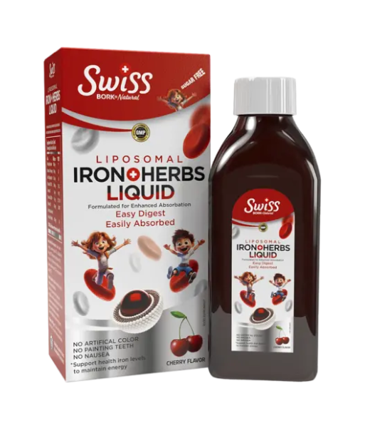 Swiss Bork Liposomal Iron + Herbs Liquid, липосомальное жидкое железо с травами, вишневый вкус