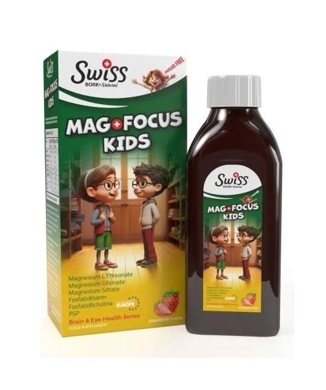 Swiss Bork Mag + Focus Kids, детский сироп с магнием для внимания и памяти, клубничный вкус